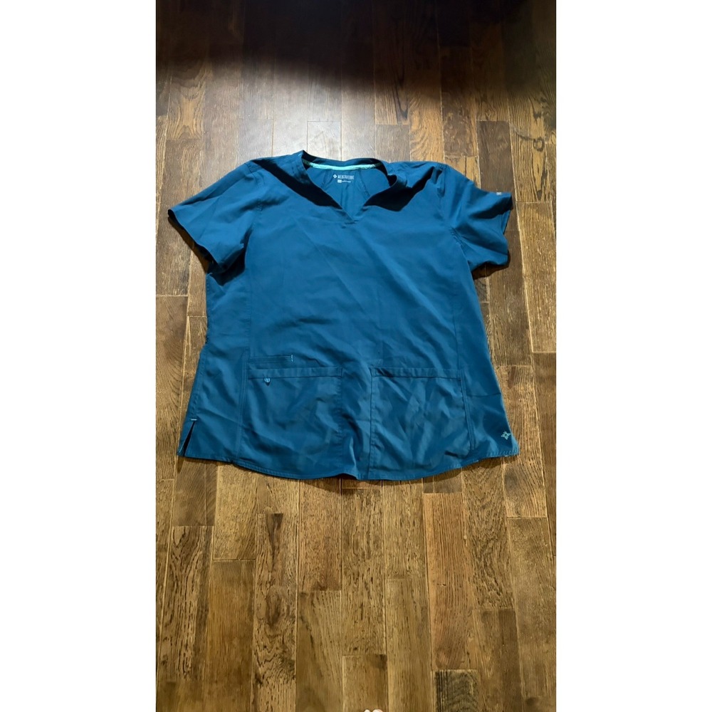 Med Couture Scrub Top Women 2x Blue Teal Excellent V-Neck Short Sleeve